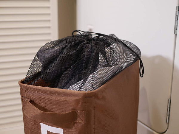 Slim Collapsible Laundry Hamper with Lockable Wheels, and Mesh Drawstring Closure